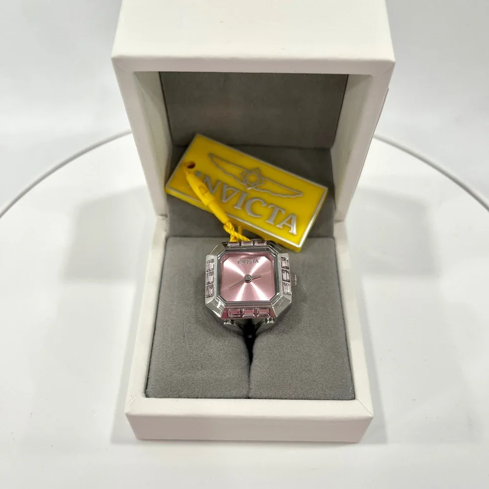Invicta Angel 49581 Women Pink Dial Crystal Octagon Case Silver Tone Ring Watch